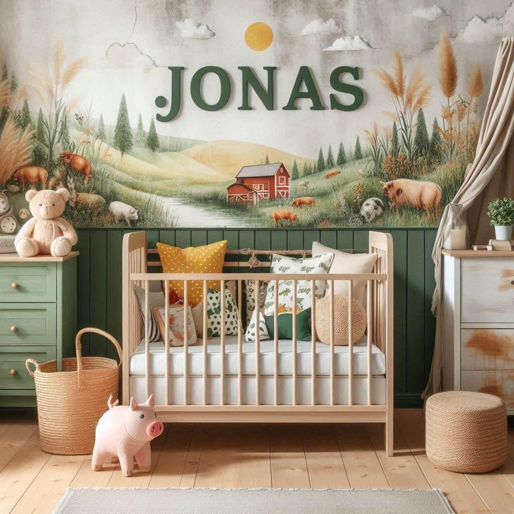 Decoration de chambre de petit garcon avec le prenom jonas ecrit sur un coussin avec un lit berceau papier peint delave theme animaux de la ferme ciel de lit couleur vert jaune rou