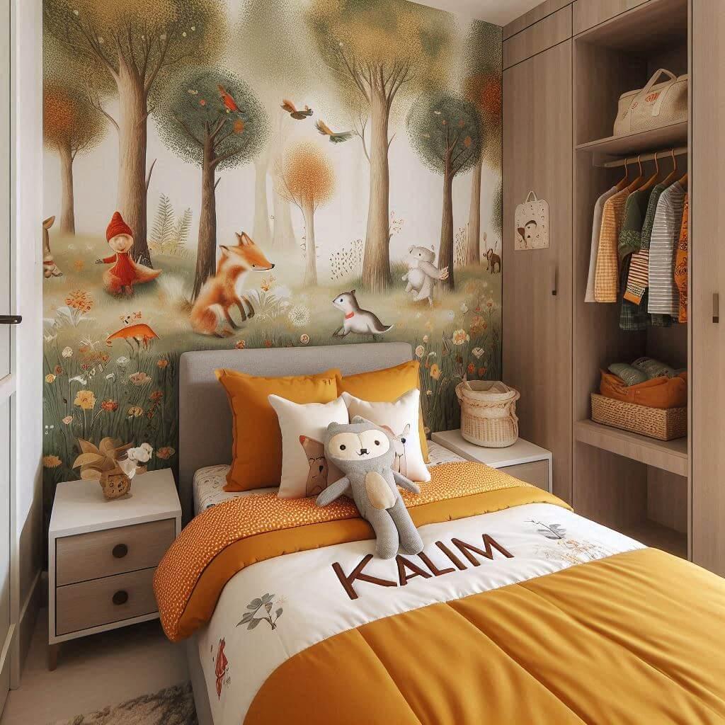 Decoration de chambre de petit garcon avec le prenom kalim ecrit sur un coussin avec un lit simple papier peint delave theme animaux de la foret poetique ciel de lit couleur orange