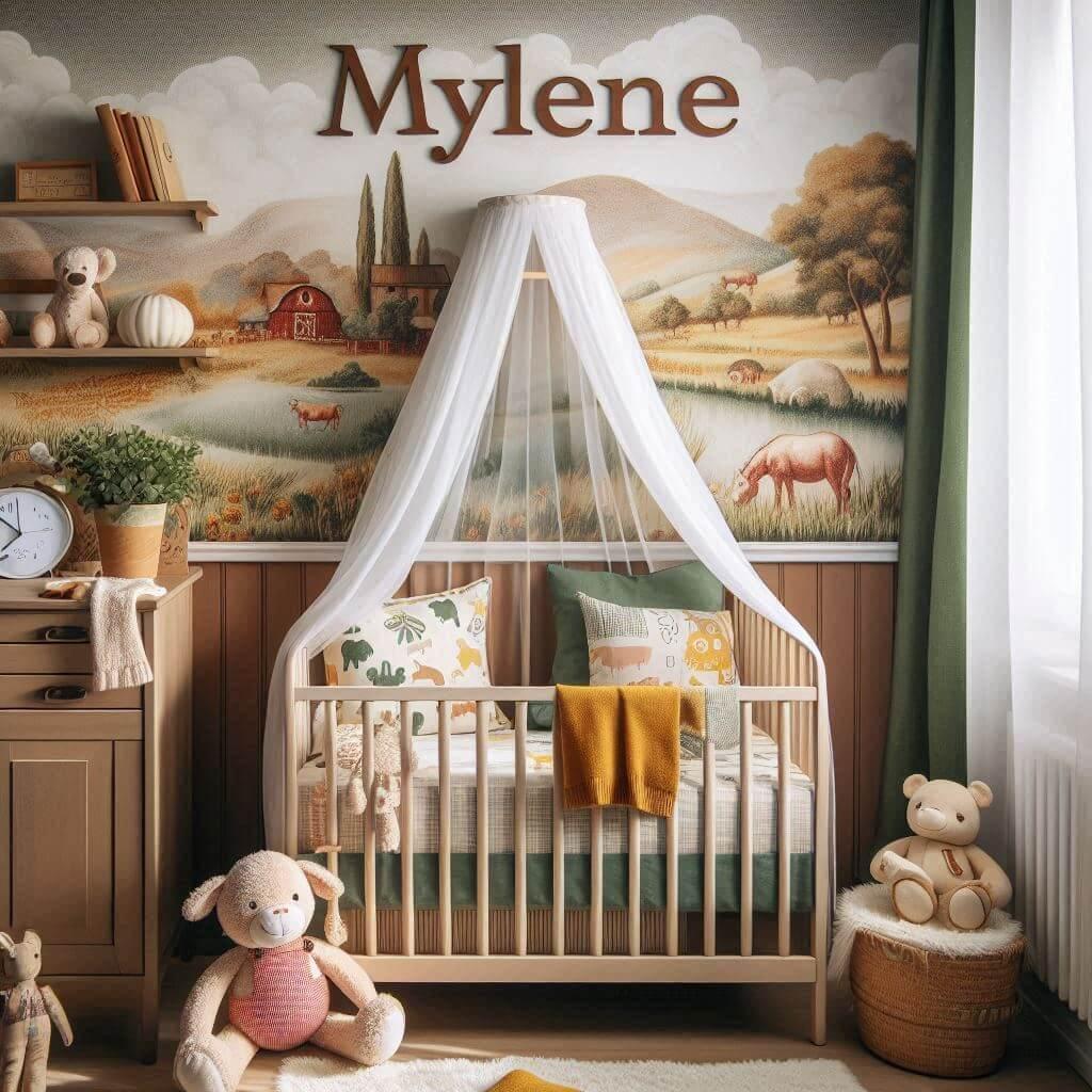 Decoration de chambre de petit garcon avec le prenom mylene ecrit sur un coussin avec un lit berceau papier peint delave theme animaux de la ferme ciel de lit couleur vert jaune ro