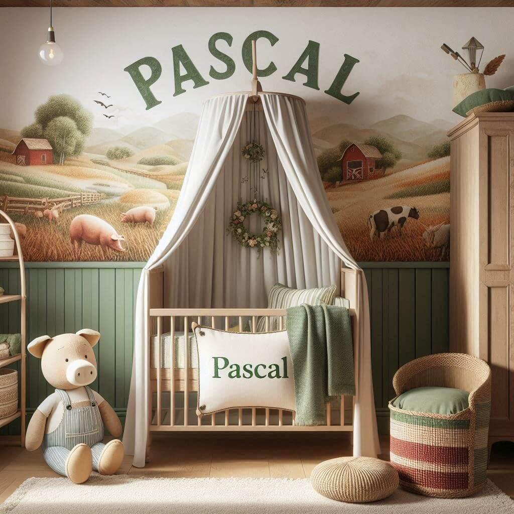 Decoration de chambre de petit garcon avec le prenom pascal ecrit sur un coussin avec un lit berceau papier peint delave theme animaux de la ferme ciel de lit couleur vert jaune ro