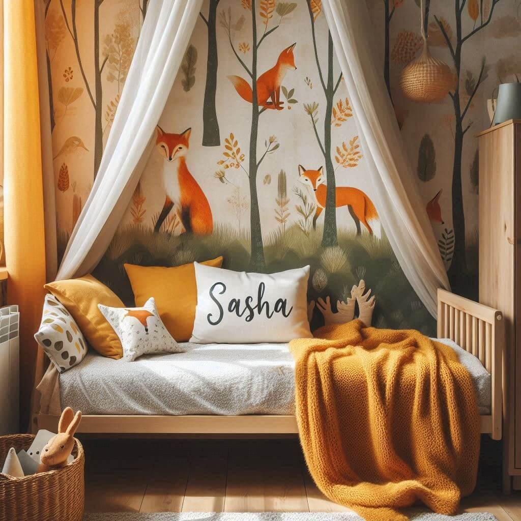 Decoration de chambre de petit garcon avec le prenom sasha ecrit sur un coussin avec un lit simple papier peint delave theme animaux de la foret poetique ciel de lit couleur orange