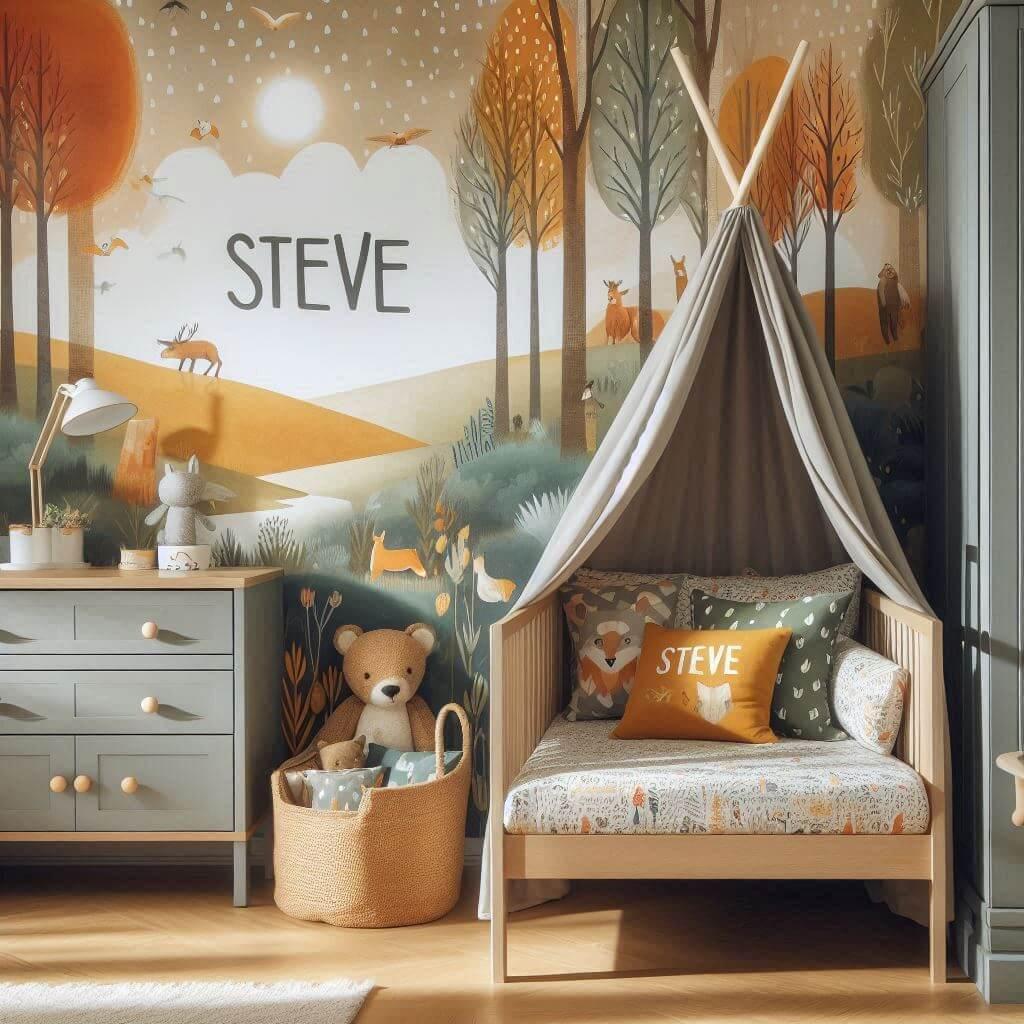 Decoration de chambre de petit garcon avec le prenom steve ecrit sur un coussin avec un lit simple papier peint delave theme animaux de la foret poetique ciel de lit couleur orange