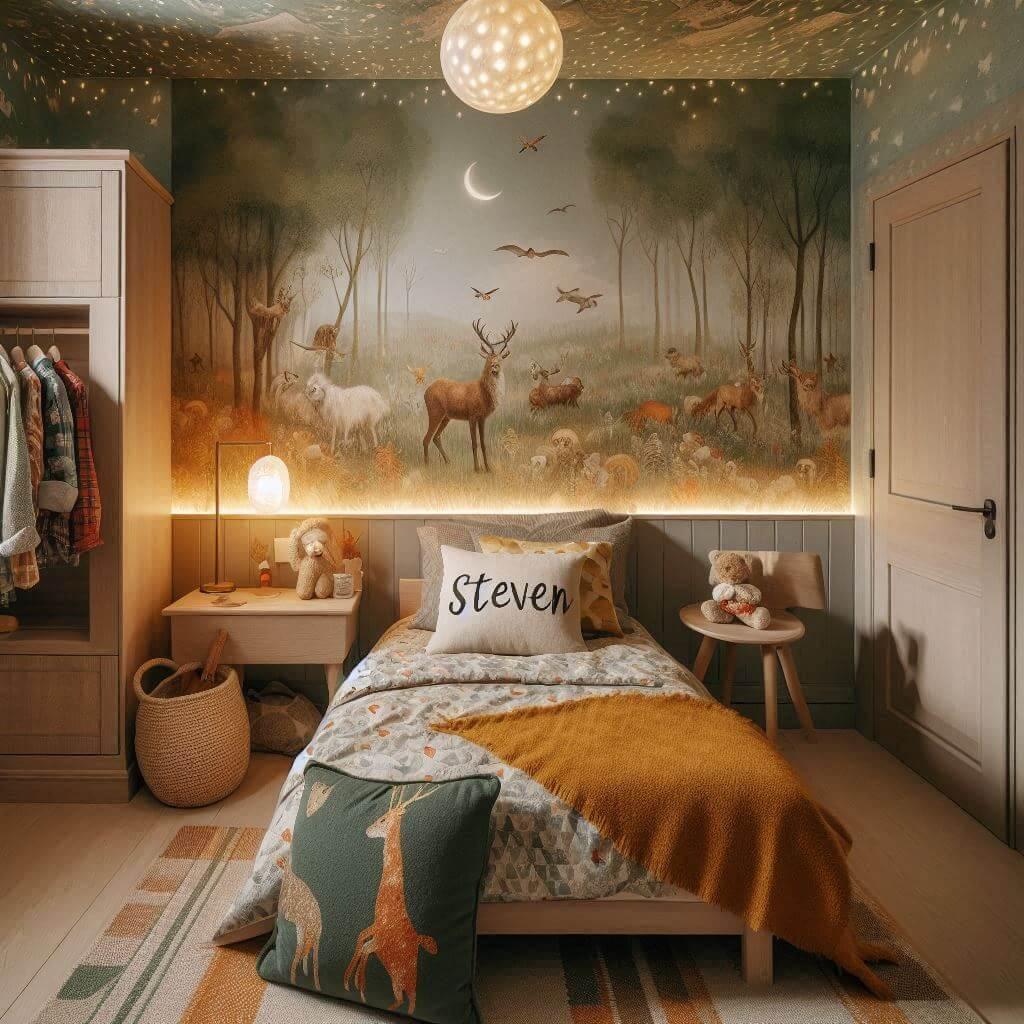 Decoration de chambre de petit garcon avec le prenom steven ecrit sur un coussin avec un lit simple papier peint delave theme animaux de la foret poetique ciel de lit couleur orang