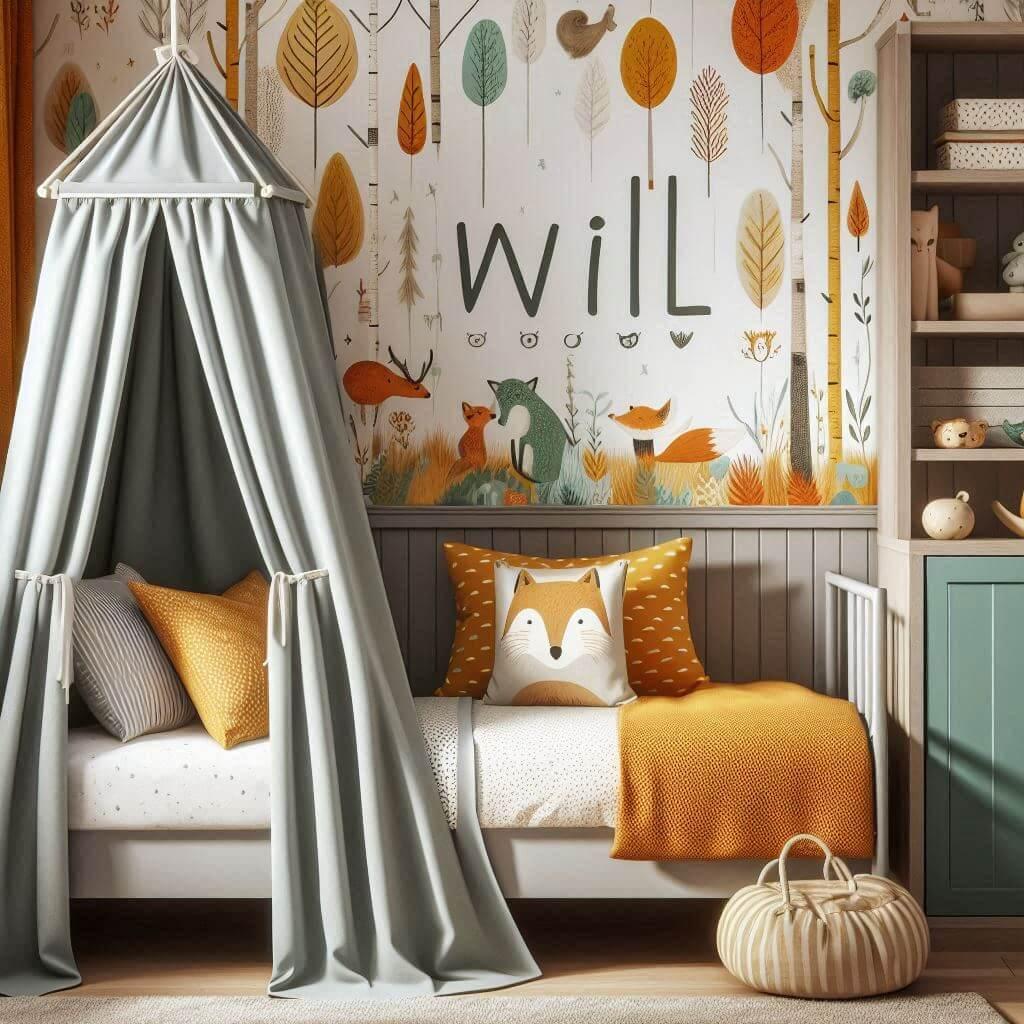 Decoration de chambre de petit garcon avec le prenom will ecrit sur un coussin avec un lit simple papier peint delave theme animaux de la foret poetique ciel de lit couleur orange