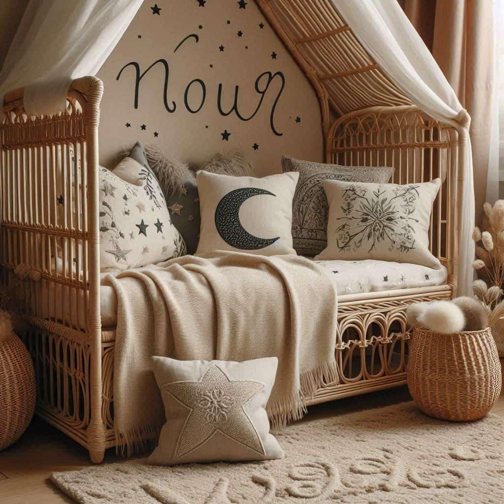 Decoration de chambre de petite fille prenomme nour avec lit cabane en rotin tapis moelleux en laine style boheme chic coussins brodes en lin en forme d etoiles et de lune prenom n