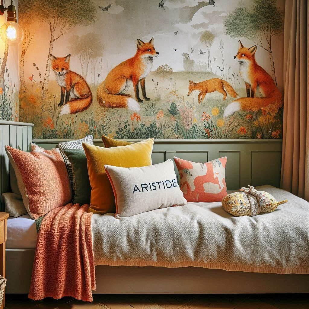 Decoration de chambre de petit garcon sur le theme renard avec le prenom aristide ecrit sur un coussin avec un lit simple papier peint delave theme animaux de la foret poetique cie