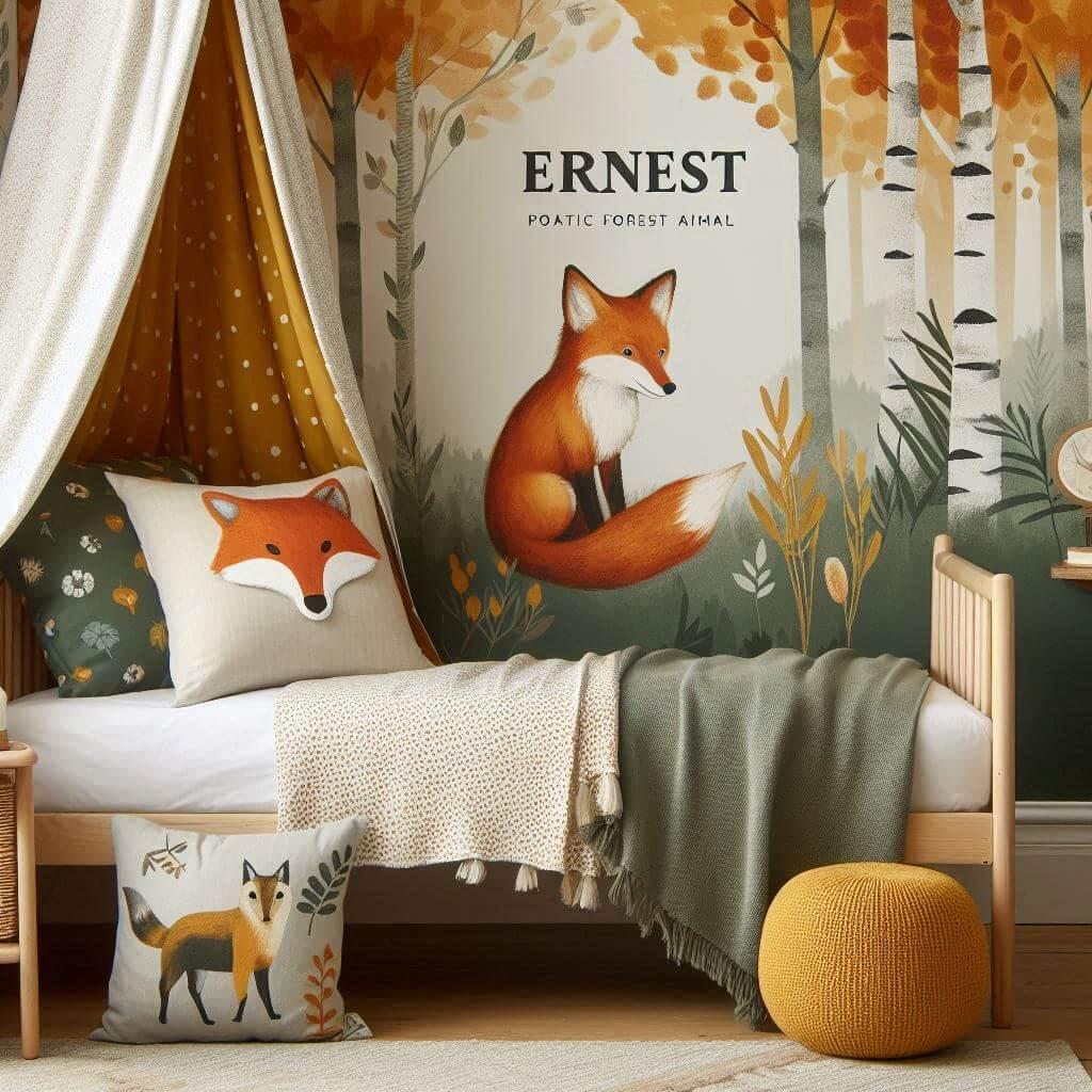 Decoration de chambre de petit garcon sur le theme renard avec le prenom ernest ecrit sur un coussin avec un lit simple papier peint delave theme animaux de la foret poetique ciel