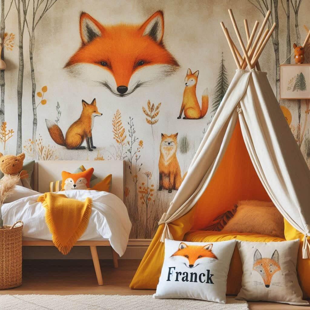 Decoration de chambre de petit garcon sur le theme renard avec le prenom franck ecrit sur un coussin avec un lit cabane tippi papier peint delave et terne theme animaux de la foret