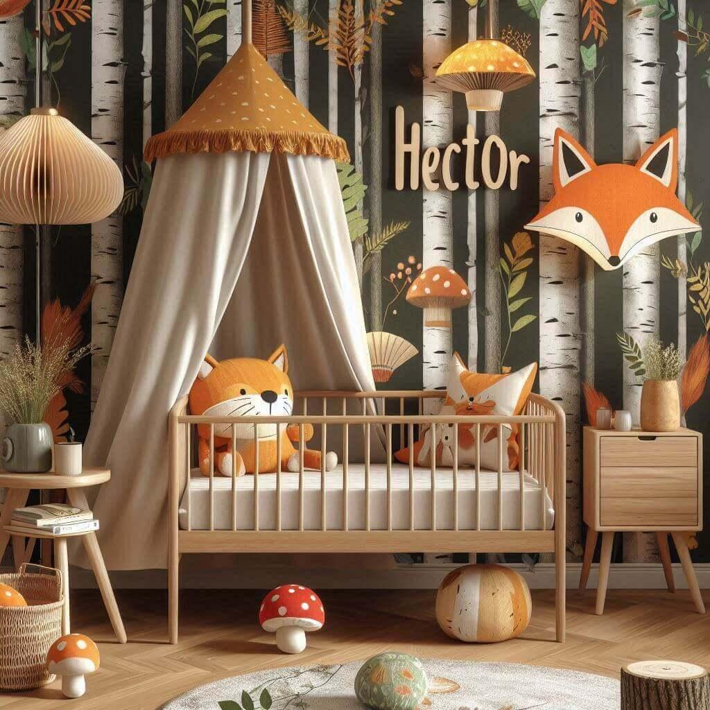 Décoration chambre garçon Hector sur le thème renard, coussin avec prénom, lit simple, papier peint animaux de la forêt, ciel de lit orange, jaune, vert, marron