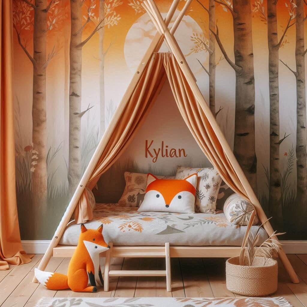 Decoration de chambre de petit garcon sur le theme renard avec le prenom kylian ecrit sur un coussin avec un lit cabane tippi papier peint delave et terne theme animaux de la foret