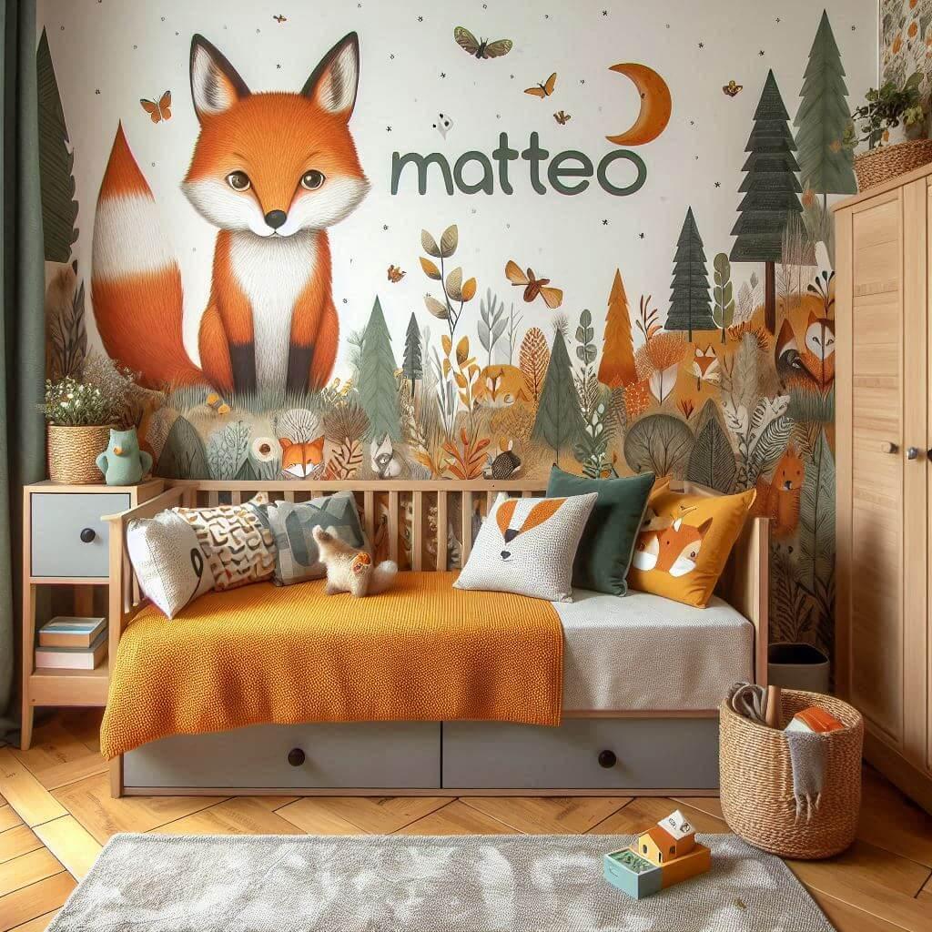 Decoration de chambre de petit garcon sur le theme renard avec le prenom matteo ecrit sur un coussin avec un lit simple papier peint delave theme animaux de la foret poetique ciel