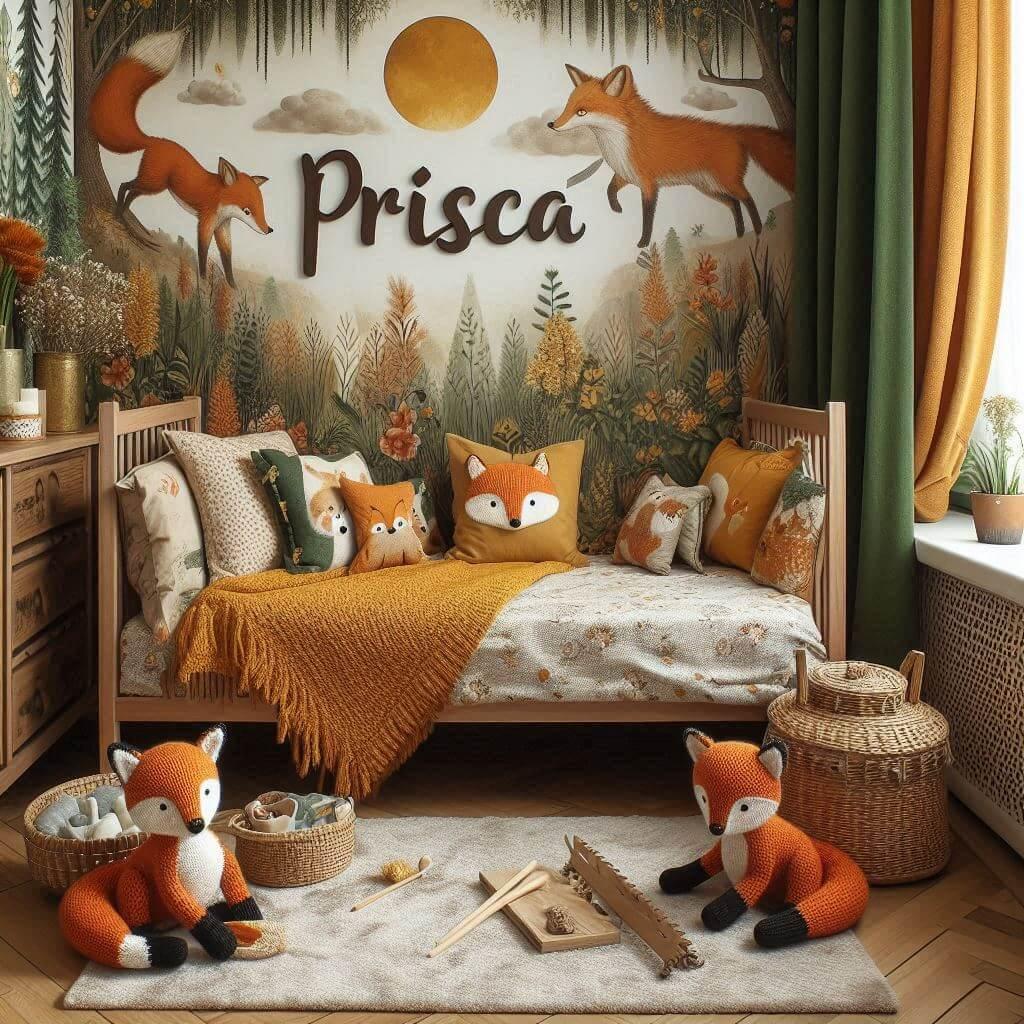 Decoration de chambre de petit garcon sur le theme renard avec le prenom prisca ecrit sur un coussin avec un lit simple papier peint delave theme animaux de la foret poetique ciel