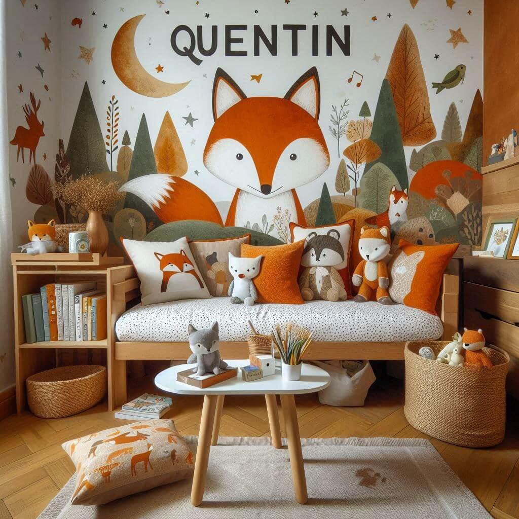 Decoration de chambre de petit garcon sur le theme renard avec le prenom quentin ecrit sur un coussin avec un lit cabane papier peint delave theme animaux de la foret poetique