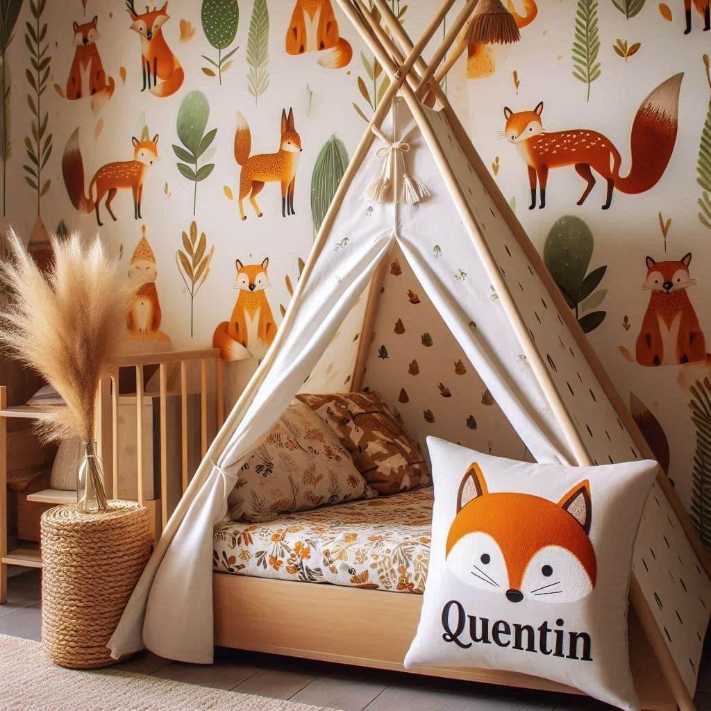 Decoration de chambre de petit garcon sur le theme des animaux de la foret, prenom quentin