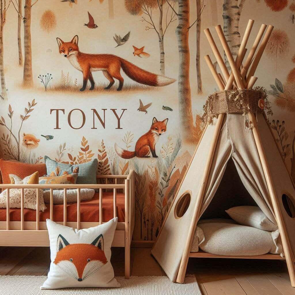 Decoration de chambre de petit garcon sur le theme renard avec le prenom tony ecrit sur un coussin avec un lit cabane tippi papier peint delave et terne theme animaux de la foret p