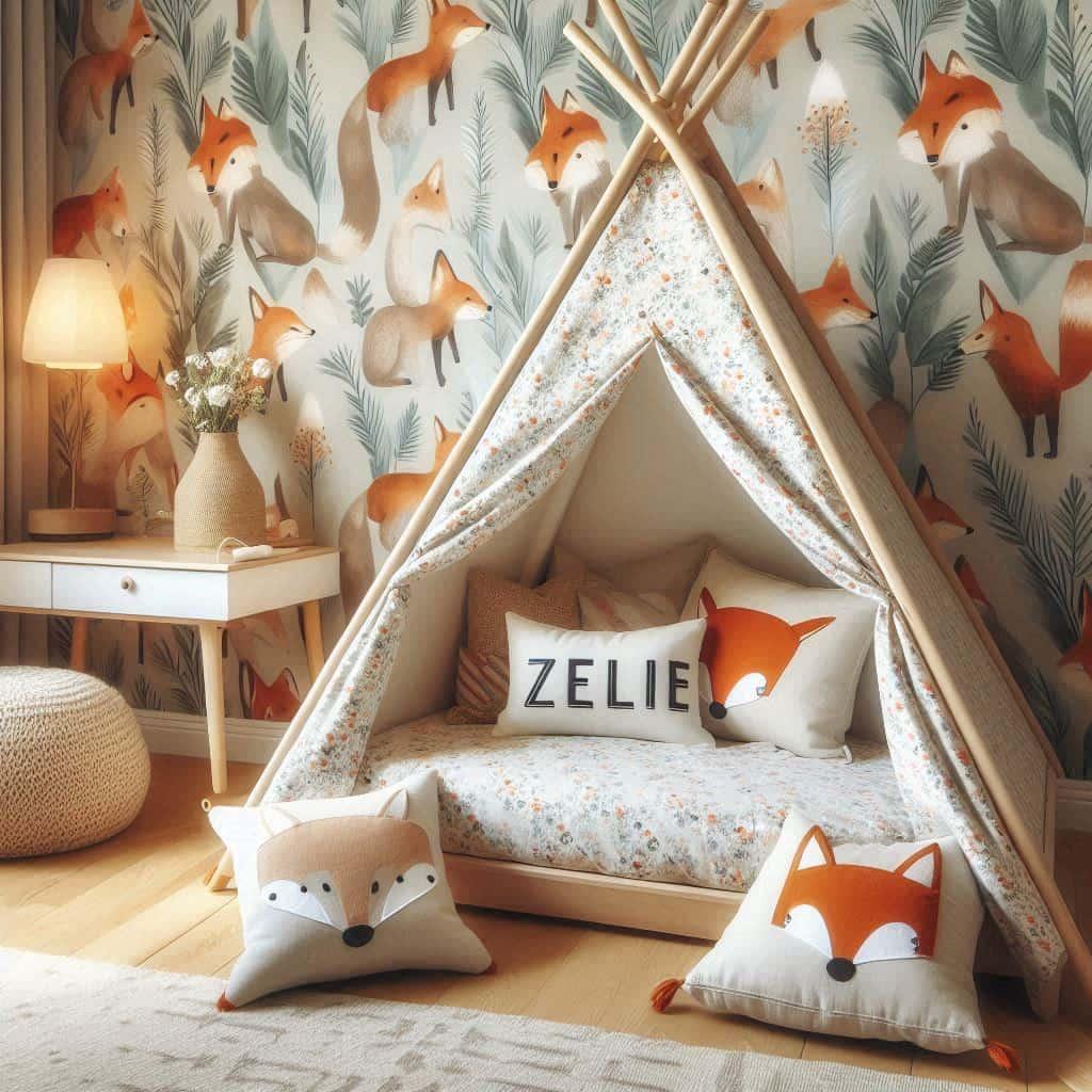 Decoration de chambre de petit garcon sur le theme renard avec le prenom zelie ecrit sur un coussin avec un lit cabane tippi papier peint renard prenom zelie
