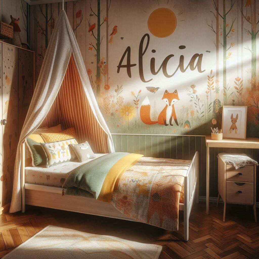 Décoration chambre petite fille avec prénom Alicia brodé sur coussin, lit simple, papier peint délavé thème animaux de la forêt, ciel de lit orange, jaune, vert et marron