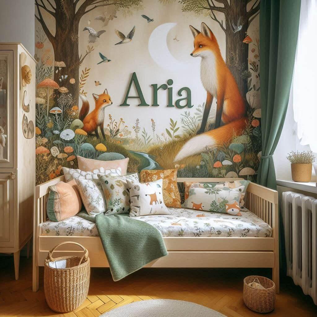 Decoration de chambre de petite fille avec le prenom aria ecrit sur un coussin avec un lit simple papier peint delave theme animaux de la foret poetique ciel de lit couleur orange