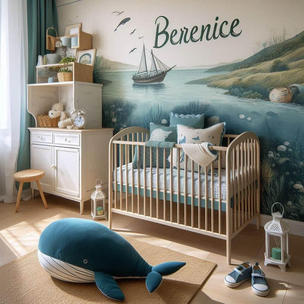 Decoration de chambre de petite fille avec le prenom berenice ecrit en francais sur un coussin avec un lit berceau papier peint delave theme animaux de la mer ciel de lit couleur b