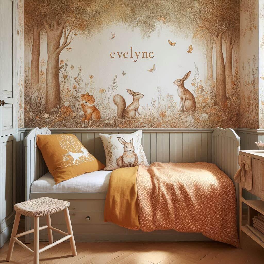Decoration de chambre de petite fille avec le prenom evelyne ecrit sur un coussin avec un lit simple papier peint delave theme animaux de la foret poetique ciel de lit couleur oran