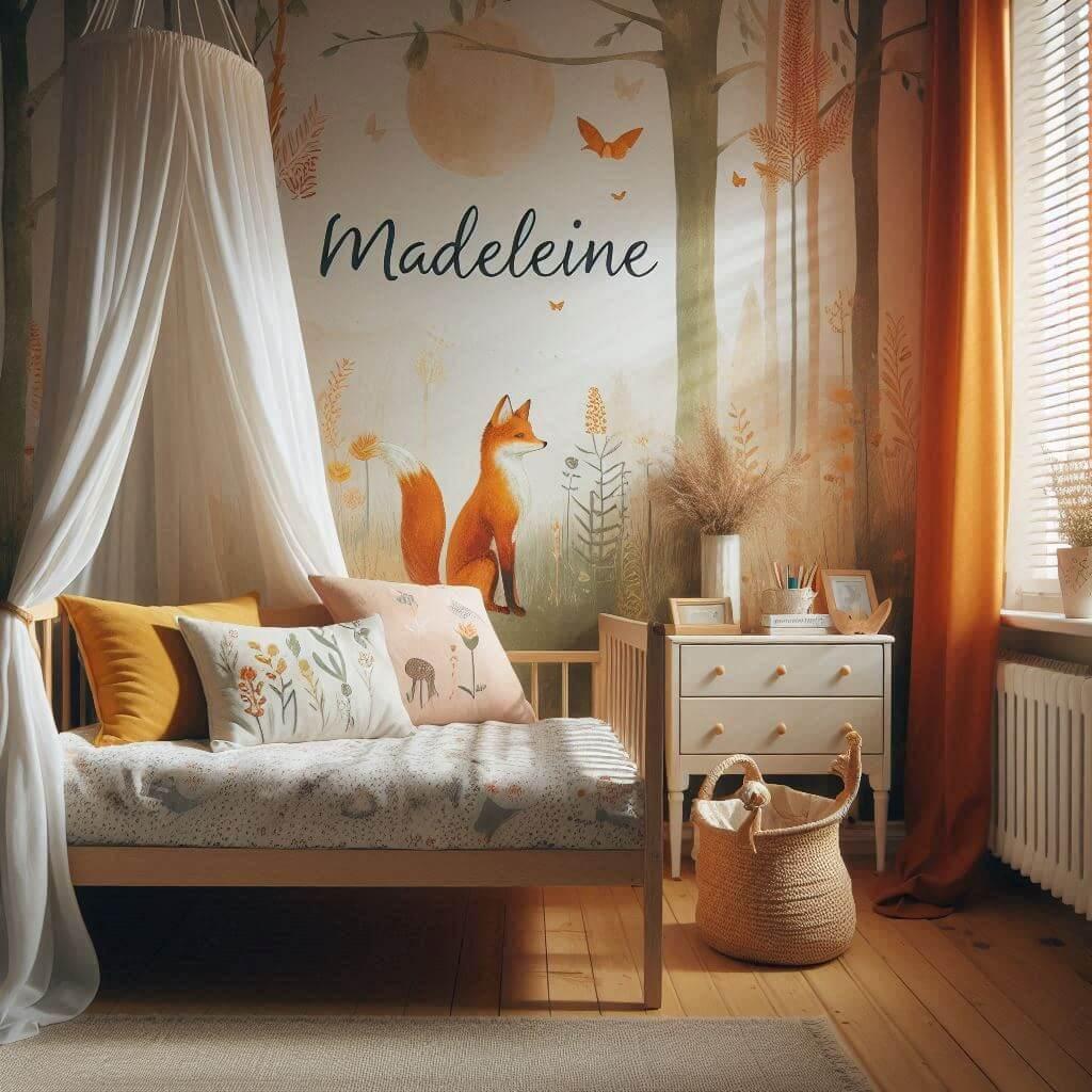 Decoration de chambre de petite fille avec le prenom madeleine ecrit sur un coussin avec un lit simple papier peint delave theme animaux de la foret poetique ciel de lit couleur or