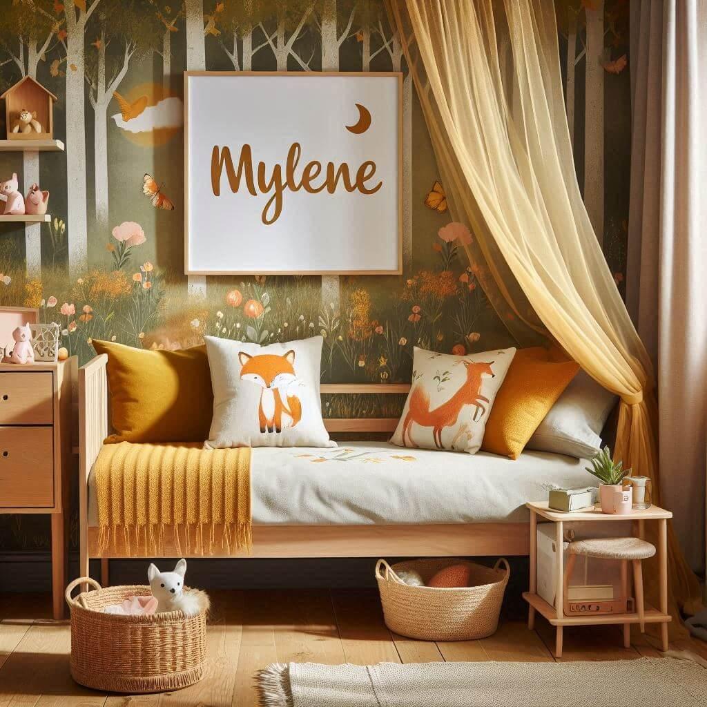 Decoration de chambre de petite fille avec le prenom mylene ecrit sur un coussin avec un lit simple papier peint delave theme animaux de la foret poetique ciel de lit couleur orang