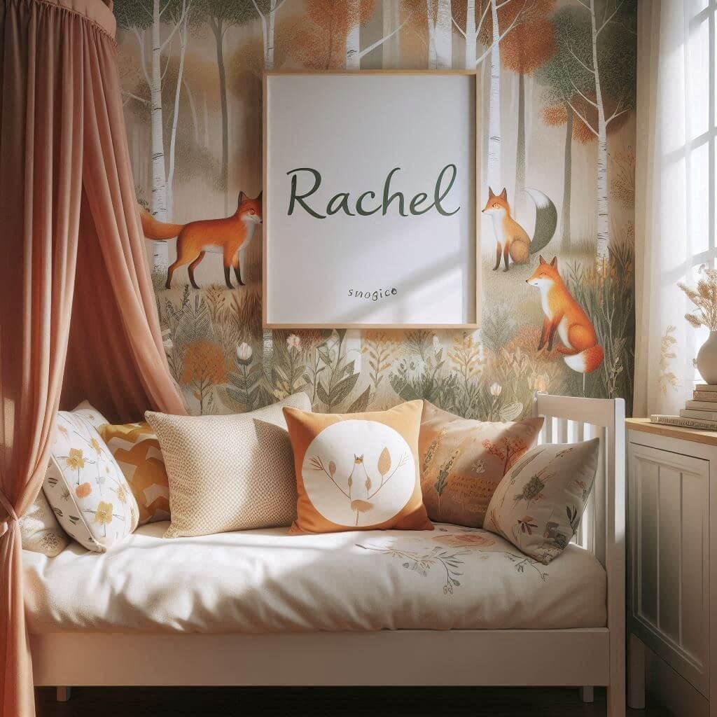 Décoration chambre petite fille avec le prénom Rachel sur coussin, lit simple, papier peint animaux forêt, ciel de lit orange jaune vert, petite penderie