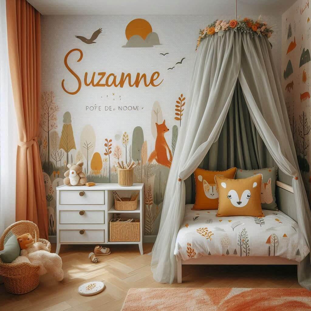 Décoration de chambre de petite fille avec prénom Suzanne sur coussin, lit simple, thème animaux de la forêt, ciel de lit orange, jaune, vert, marron.
