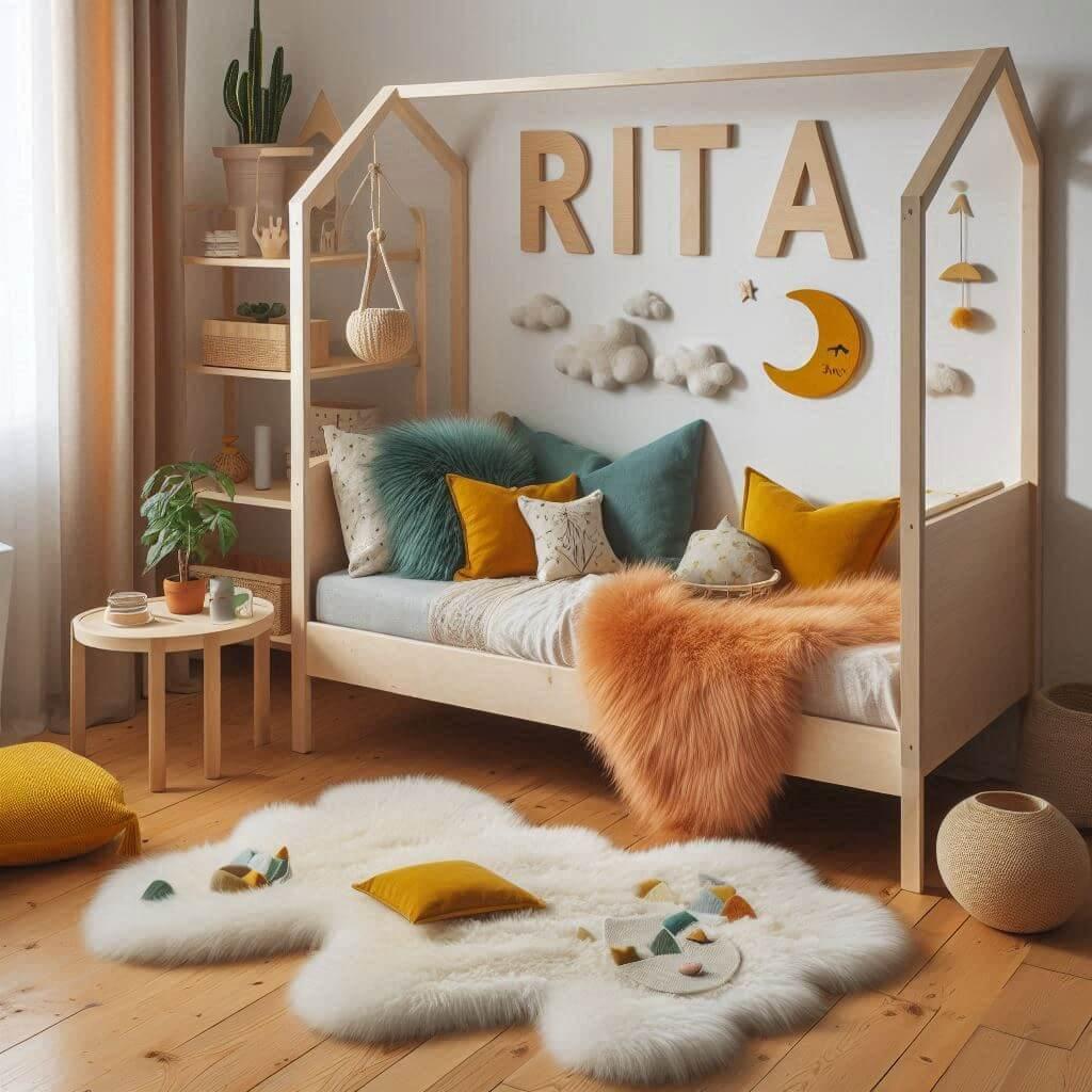 Decoration de chambre de petite fille qui se nomme rita avec un lit cabane montessori un tapis de fourrure style scandinave coussins en forme de toiles et de lunes