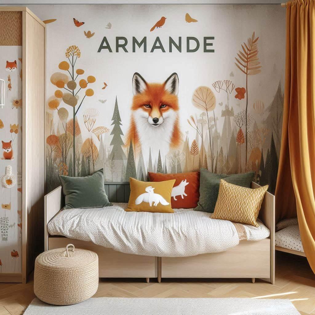 Chambre petite fille thème renard avec prénom Armande sur coussin et décoration forêt.