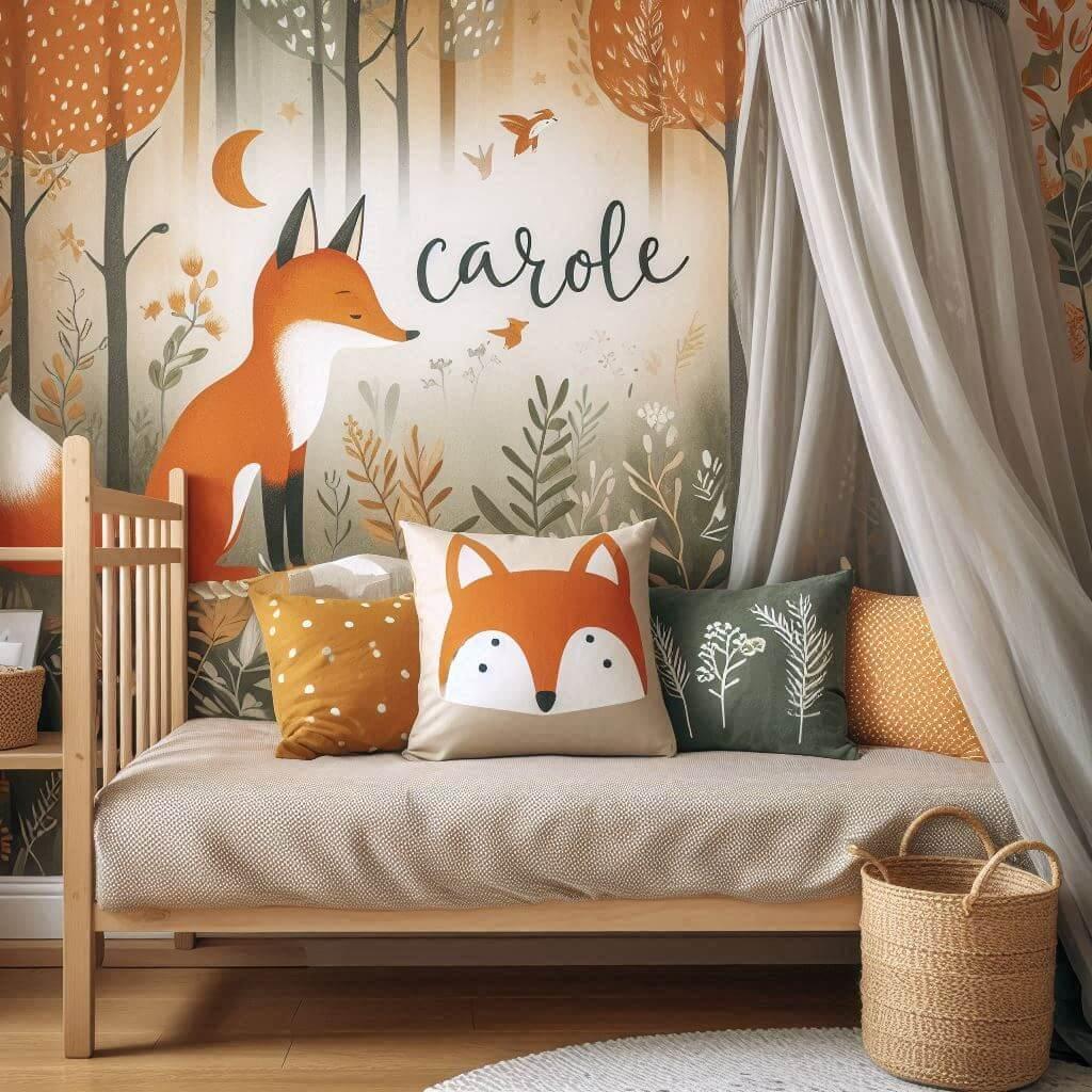 Decoration de chambre de petite fille sur le theme renard avec le prenom carole ecrit sur un coussin avec un lit simple papier peint delave theme animaux de la foret poetique ciel