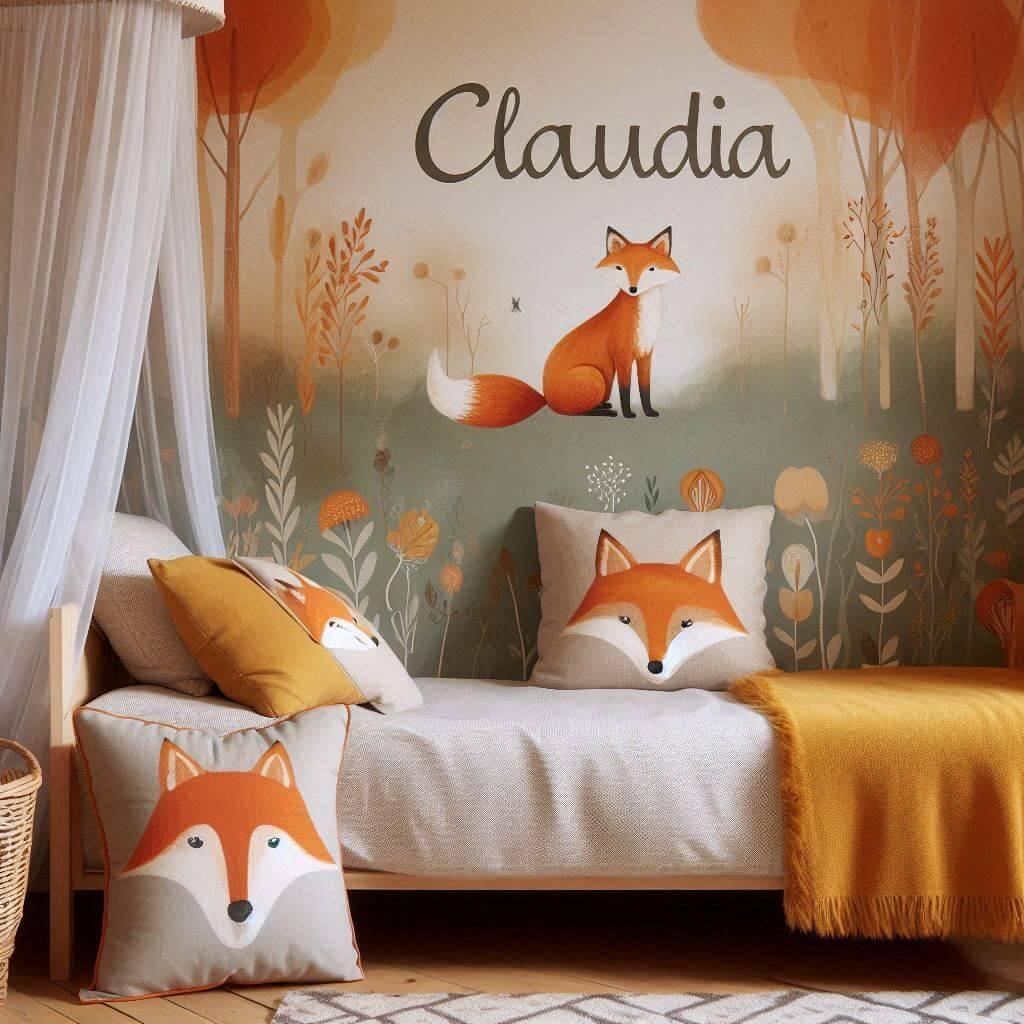 Decoration de chambre de petite fille sur le theme renard avec le prenom claudia ecrit sur un coussin avec un lit simple papier peint delave theme animaux de la foret poetique ciel