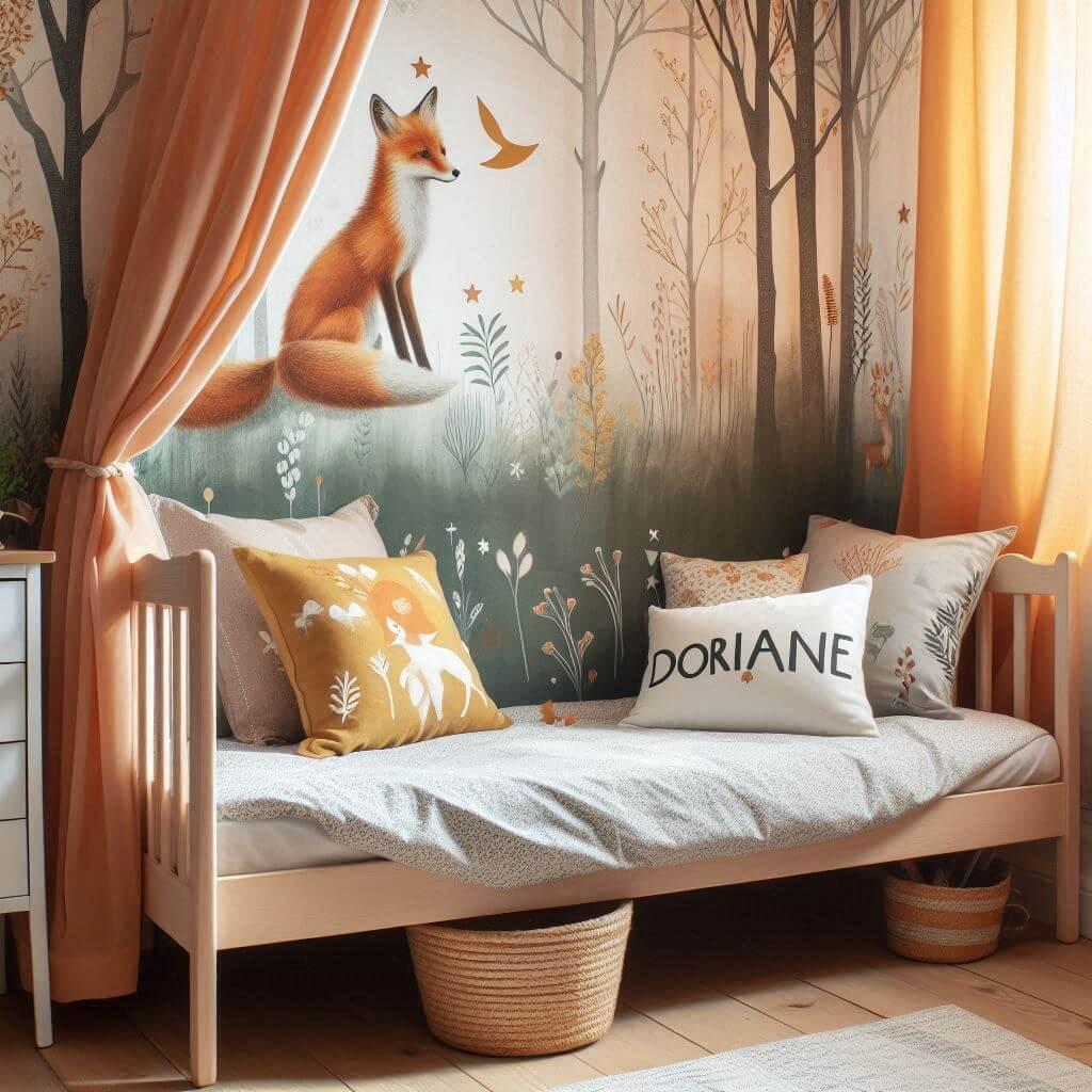 Decoration de chambre de petite fille sur le theme renard avec le prenom doriane ecrit sur un coussin avec un lit simple papier peint delave theme animaux de la foret poetique ciel