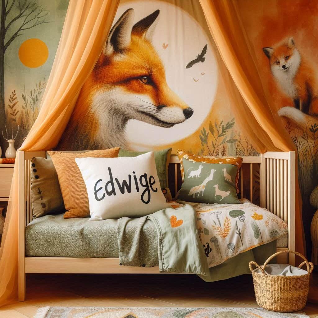 Decoration de chambre de petite fille sur le theme renard avec le prenom edwige ecrit sur un coussin avec un lit simple papier peint delave theme animaux de la foret poetique ciel