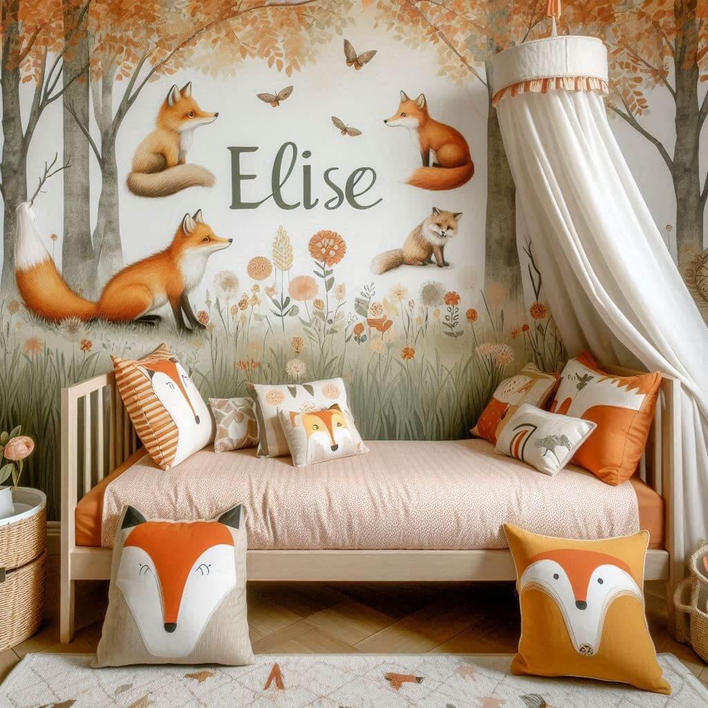 Decoration de chambre de petite fille sur le theme renard avec le prenom elise ecrit sur un coussin avec un lit simple papier peint delave theme animaux de la foret poetique ciel d