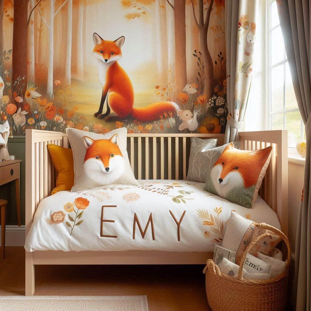 Decoration de chambre de petite fille sur le theme renard avec le prenom emy ecrit sur un coussin avec un lit simple papier peint delave theme animaux de la foret poetique ciel de