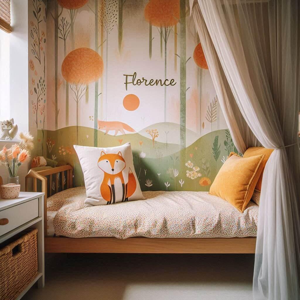 Decoration de chambre de petite fille sur le theme renard avec le prenom florence ecrit sur un coussin avec un lit simple papier peint delave theme animaux de la foret poetique cie