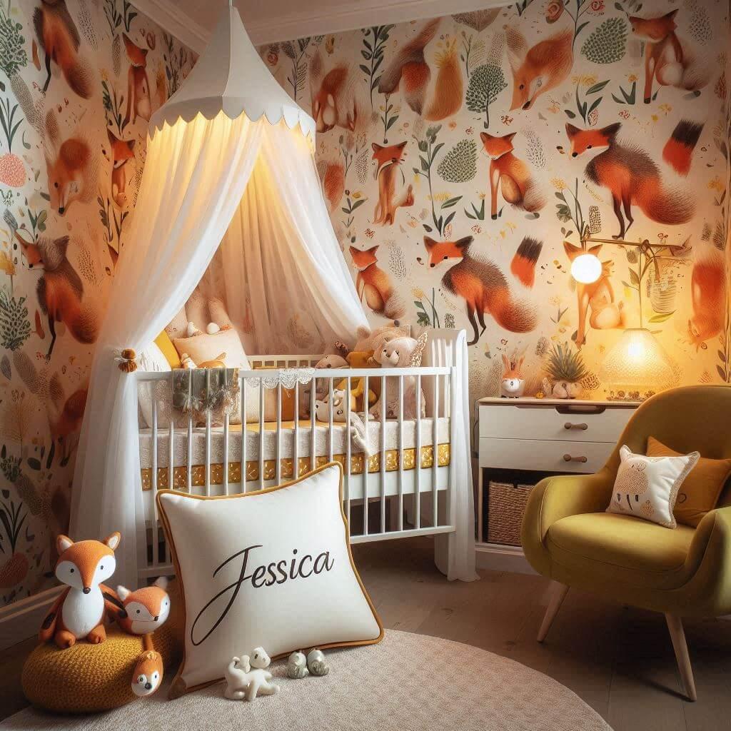 Decoration de chambre de petite fille sur le theme renard avec le prenom jessica ecrit sur un coussin avec un berceau ciel de lit papier peint delave theme animaux de la foret poet