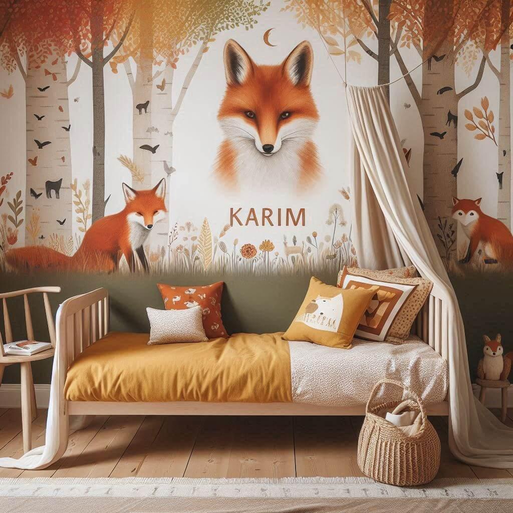 Decoration de chambre de petite fille sur le theme renard avec le prenom karim ecrit sur un coussin un lit simple papier peint delave theme animaux de la foret poetique ciel de lit