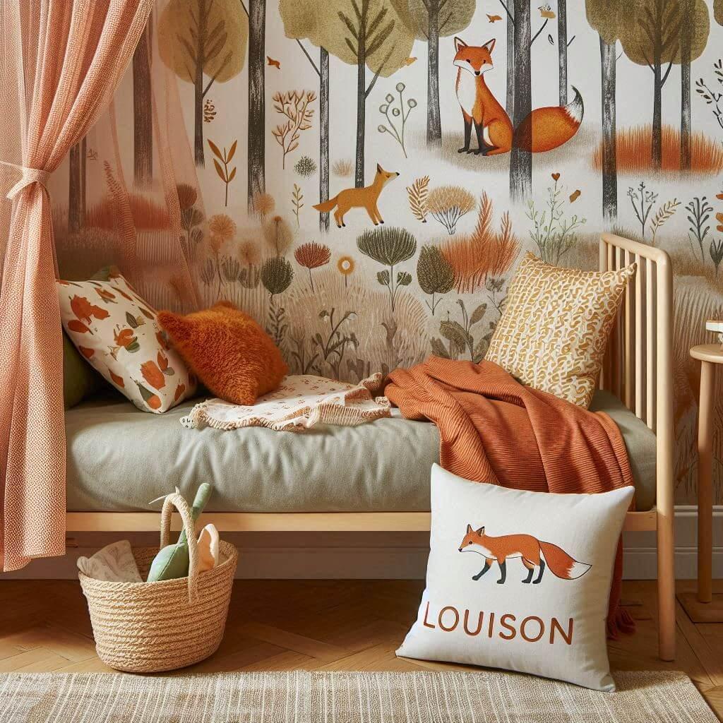 Decoration de chambre de petite fille sur le theme renard avec le prenom louison ecrit sur un coussin avec un lit simple papier peint delave theme animaux de la foret poetique ciel