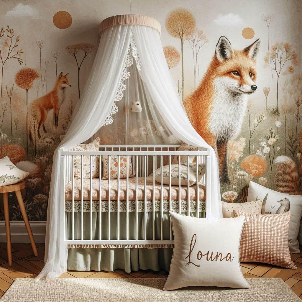 Decoration de chambre de petite fille sur le theme renard avec le prenom louna ecrit sur un coussin avec un berceau ciel de lit papier peint delave theme animaux de la foret poetiq