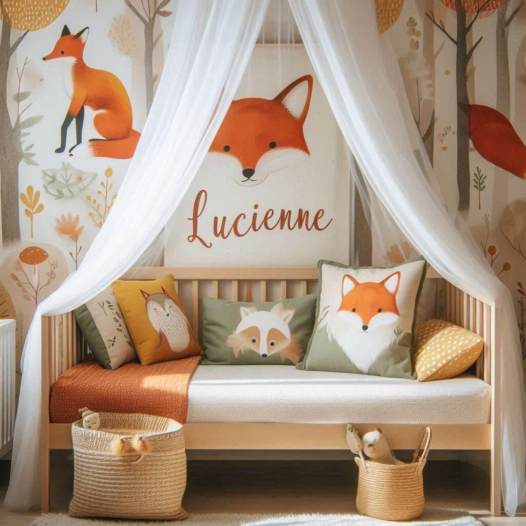 Decoration de chambre de petite fille sur le theme renard avec le prenom lucienne ecrit sur un coussin avec un lit simple papier peint delave theme animaux de la foret poetique cie