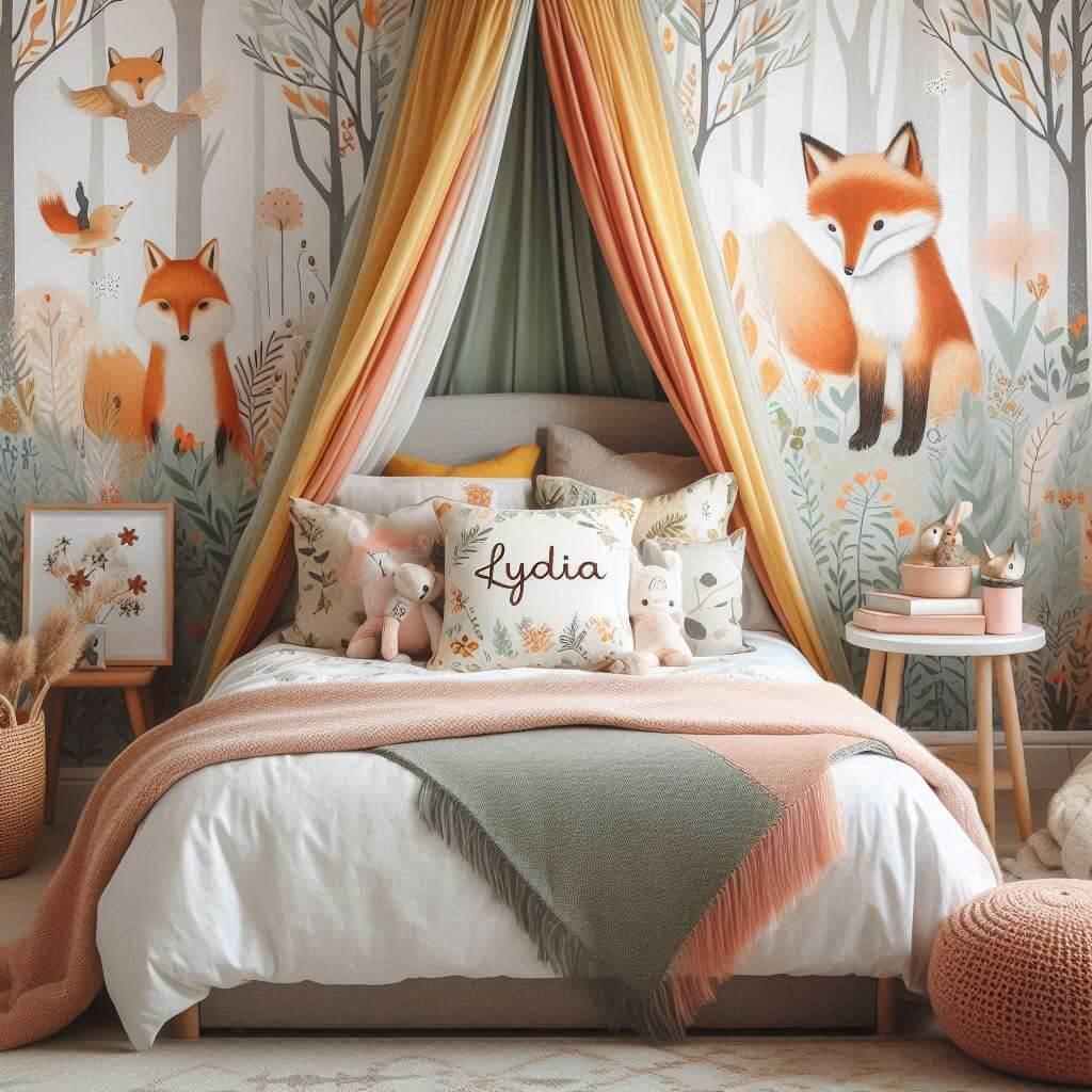 Decoration de chambre de petite fille sur le theme renard avec le prenom lydia ecrit sur un coussin avec un lit simple papier peint delave theme animaux de la foret poetique ciel d