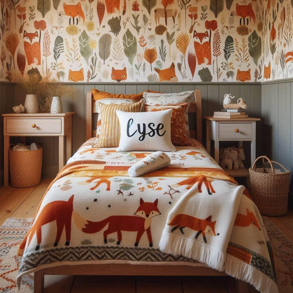 Decoration de chambre de petite fille sur le theme renard avec le prenom lyse ecrit sur un coussin avec un lit simple papier peint delave theme animaux de la foret poetique ciel de