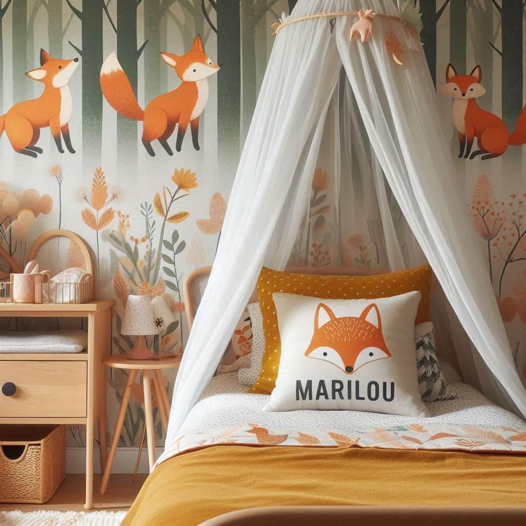 Decoration de chambre de petite fille sur le theme renard avec le prenom marilou ecrit sur un coussin avec un lit simple papier peint delave theme animaux de la foret poetique ciel