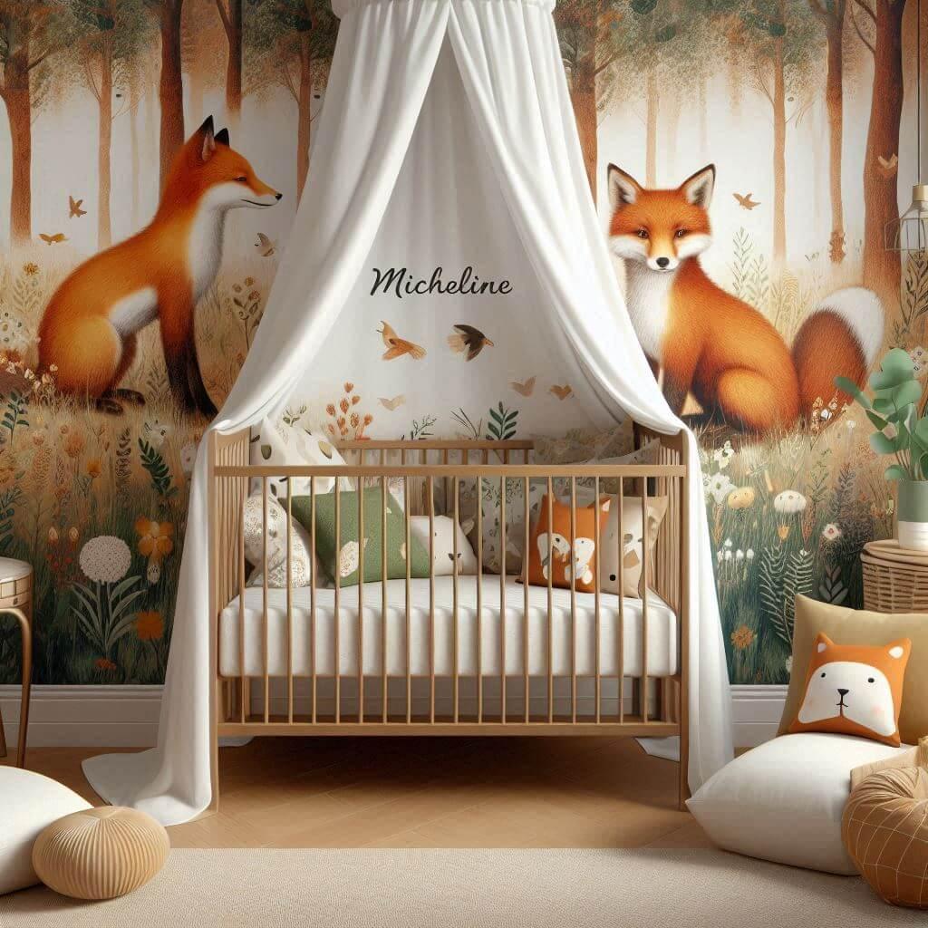 Decoration de chambre de petite fille sur le theme renard avec le prenom micheline ecrit sur un coussin avec un berceau ciel de lit papier peint delave theme animaux de la foret po