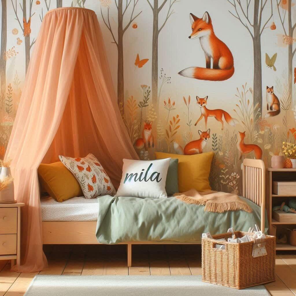 Decoration de chambre de petite fille sur le theme renard avec le prenom mila ecrit sur un coussin avec un lit simple papier peint delave theme animaux de la foret poetique ciel de