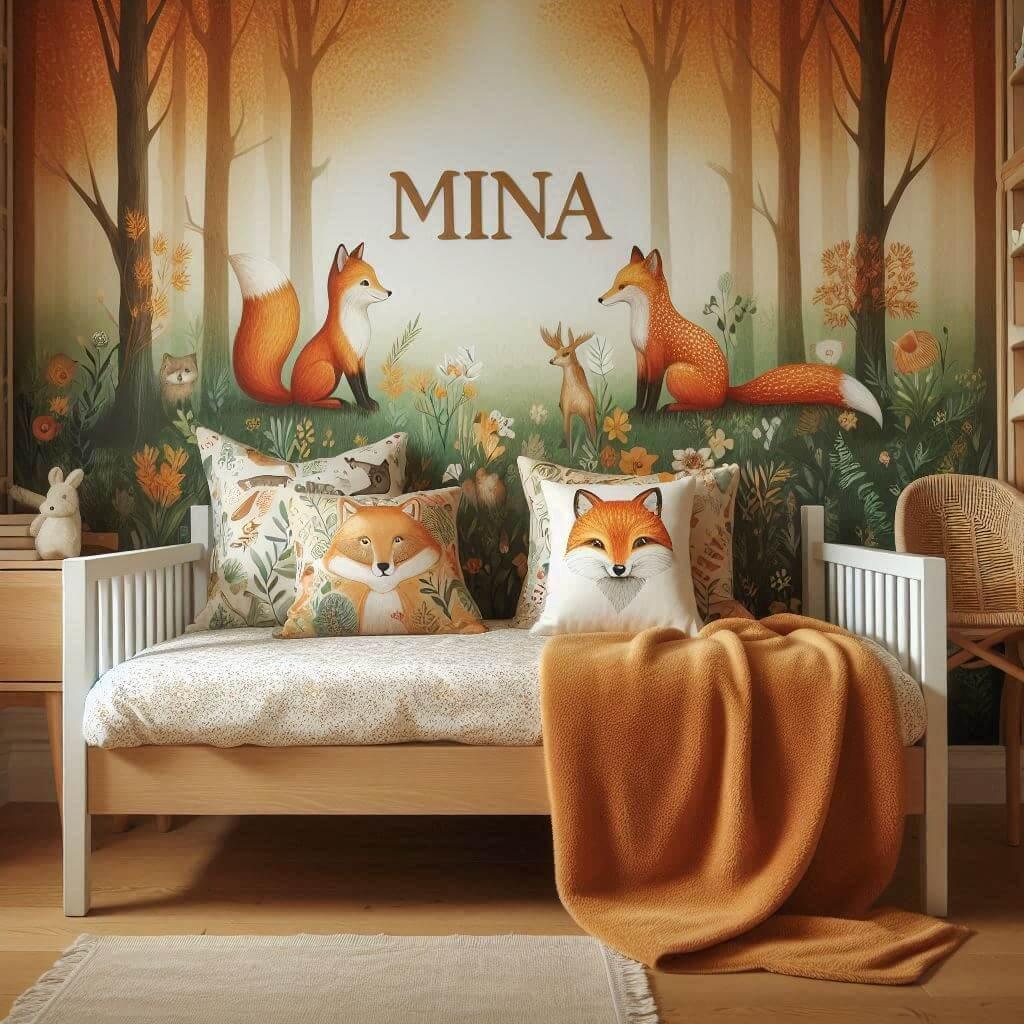 Decoration de chambre de petite fille sur le theme renard avec le prenom mina ecrit sur un coussin avec un lit simple papier peint delave theme animaux de la foret poetique ciel de