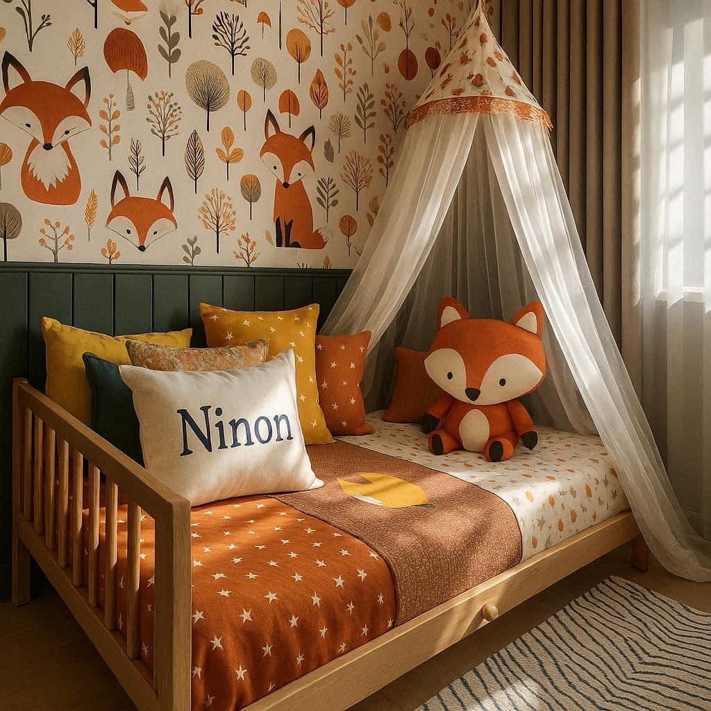 Décoration de chambre de petite fille thème renard avec lit simple, papier peint délavé animaux de la forêt, ciel de lit, coussin personnalisé Ninon