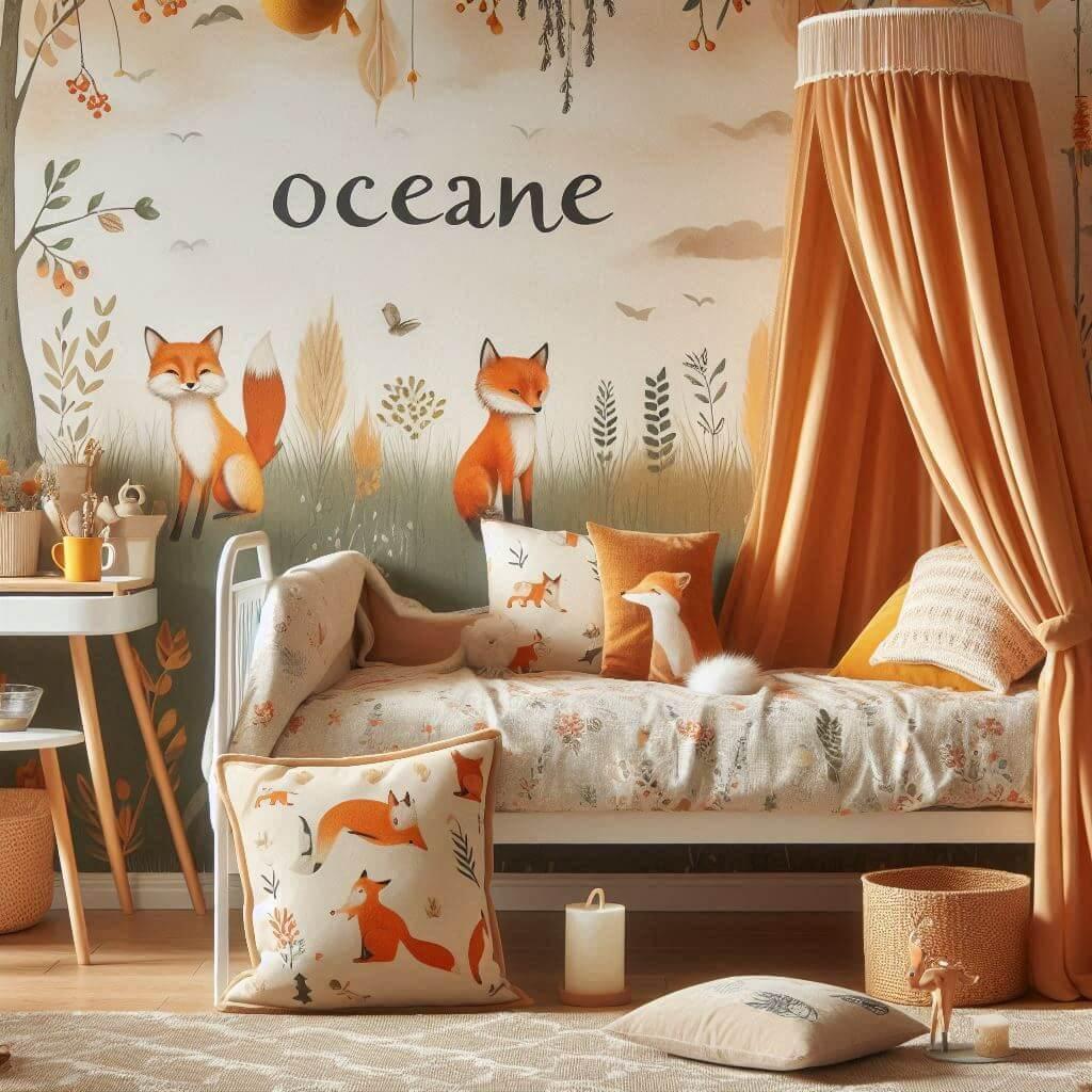 Decoration de chambre de petite fille sur le theme renard avec le prenom oceane ecrit sur un coussin avec un lit simple papier peint delave theme animaux de la foret poetique ciel